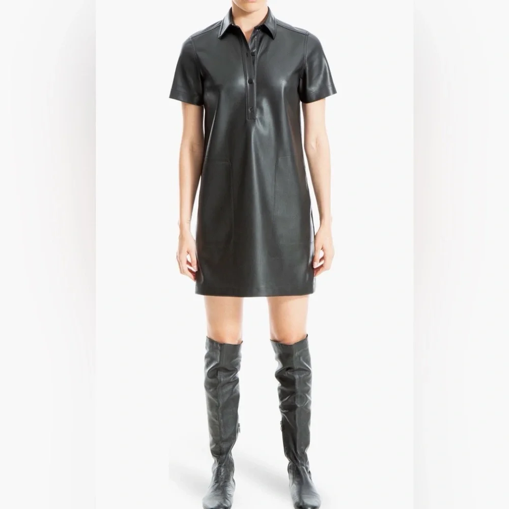 Max Studio Black Faux Leather‎ Short Sleeve Shirtdress With Pockets